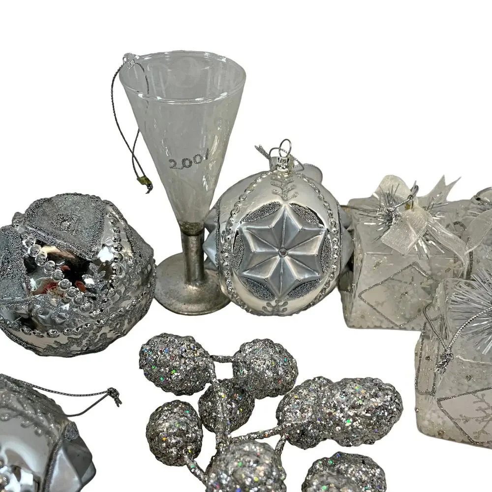 Large Lot Classy Silver Ornaments Gifts Snow Globes Drums Balls Berries Dillards